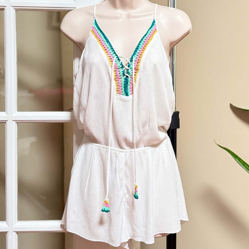 White Sleeveless Jumpsuit with Colorful Trim